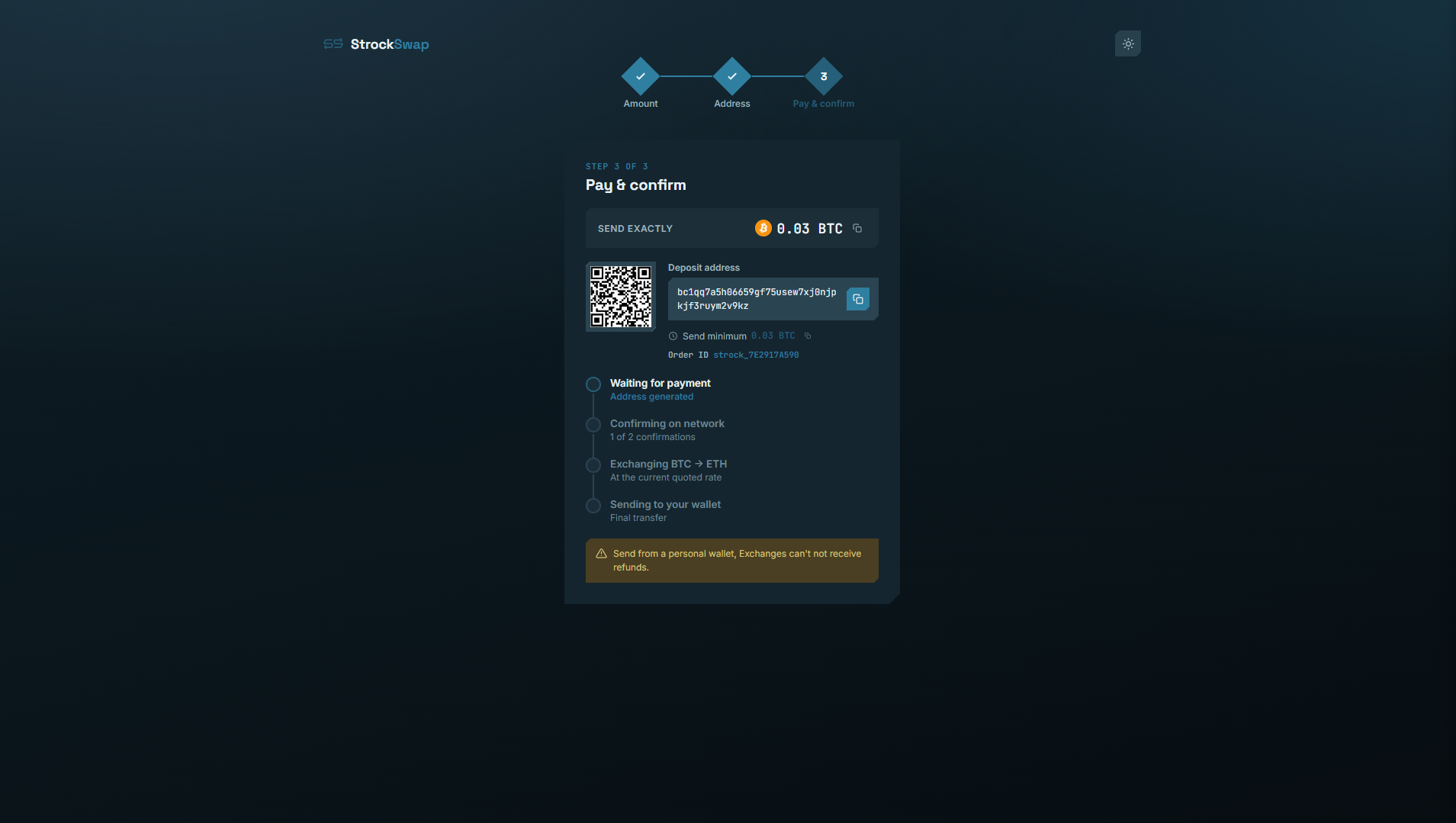 StrockSwap.com payment confirmation and crypto swap status page created by Isaac Strock